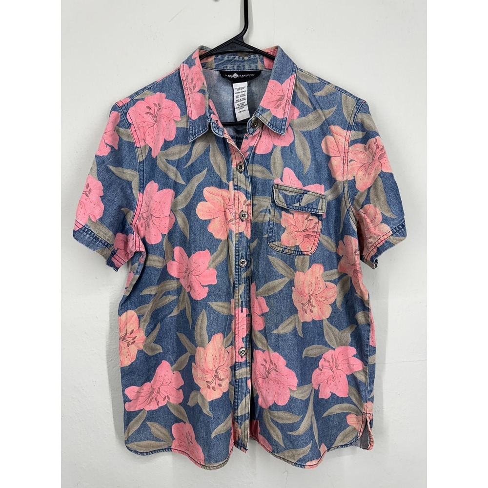 Vintage Printed Denim Hawaiian Shirt Mens LARGE Blue Pink Floral Snap Front